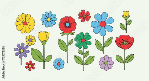 A vibrant collection of stylized, colorful doodle flowers with bold black outlines, showcasing various simple floral designs.