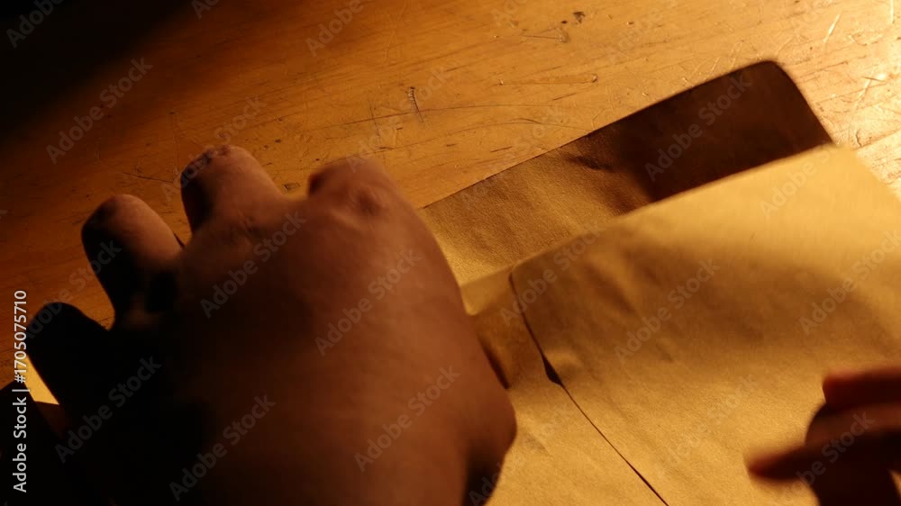 Close-up of someone opening the document, vintage-looking classified security clearance with red classified stamp nested within an envelope