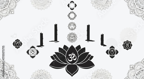 Vector illustration of om symbol and chakras with candles