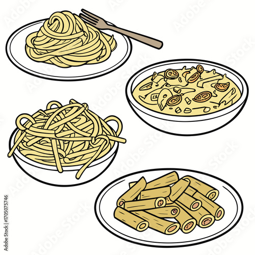 Pasta Variety: An inviting visual display showcasing diverse pasta dishes, each artfully presented, inviting culinary exploration and delight, in a vector illustration style.