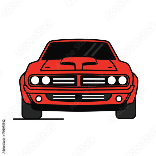 Front view vector illustration of a classic red American muscle car with a hood scoop.