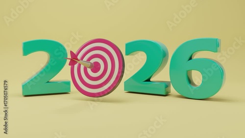 3D animation of a dart hitting the bullseye of a forming target, revealing the year 2026. Concept of success, achieving goals, and a successful start to the new year. 2026 New Year Goal Achievement 