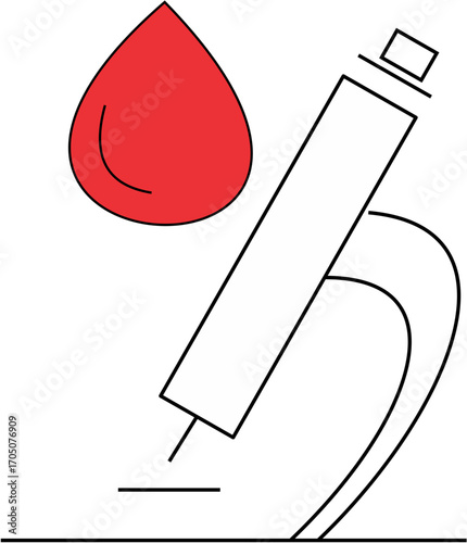 A minimalist icon showing a microscope examining a large red drop of blood, symbolizing medical testing and scientific analysis.