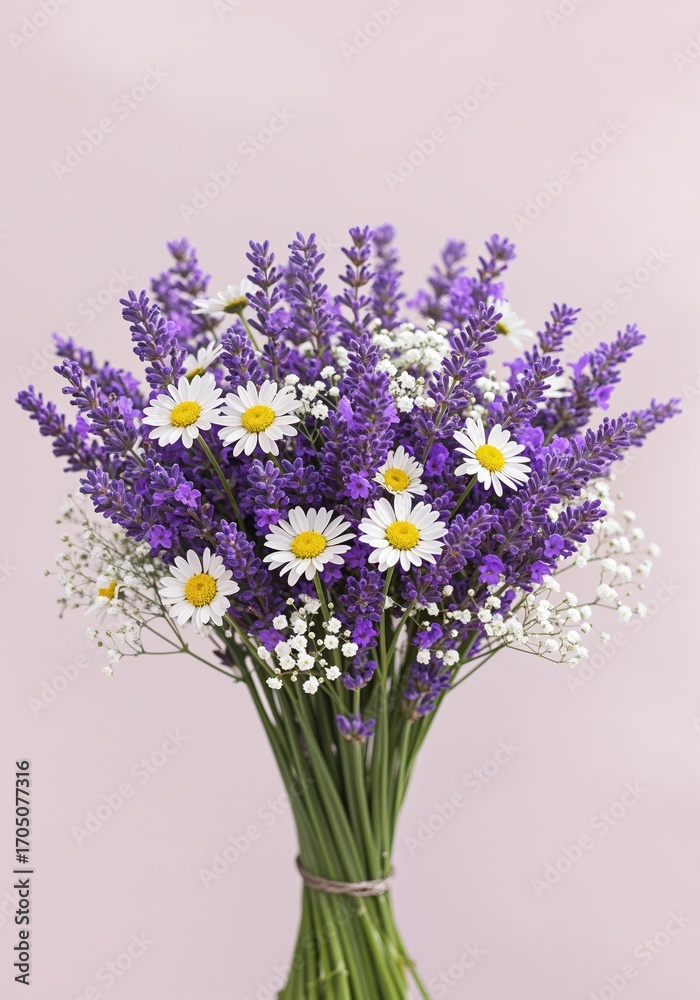 Obraz premium Elegant Floral Bouquet: A stunning bouquet of vibrant lavender and delicate daisy blooms, a symphony of colors and textures gracefully arranged.