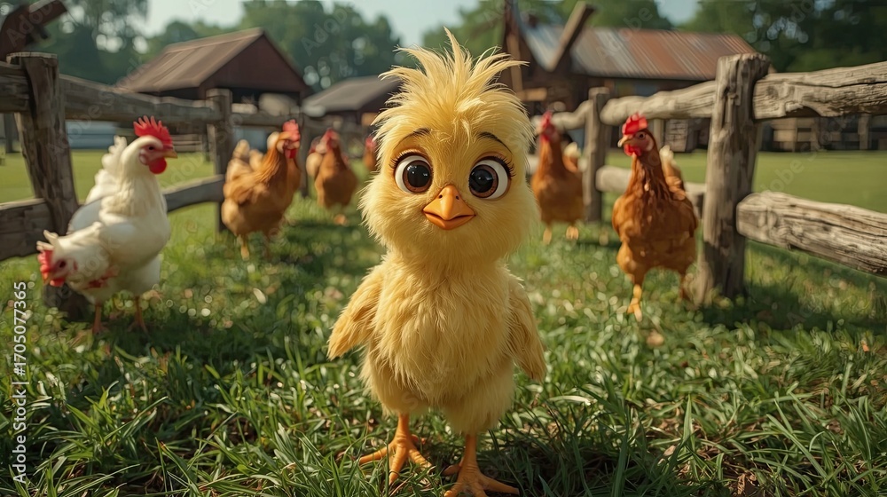 Fototapeta premium A small, fluffy yellow chick with big eyes stands proudly in a vibrant green field. Around it, various hens roam freely, enjoying the warm sunshine by the barn.