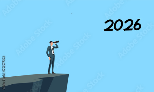Businessman standing on cliff looking through telescope toward 2026. Concept of vision, future planning, strategy, opportunity, and business growth illustration