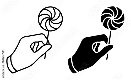 Line icon. Hand wearing a silk glove holds a lollipop, a children treat at a circus fair. Simple black and white vector isolated on white background