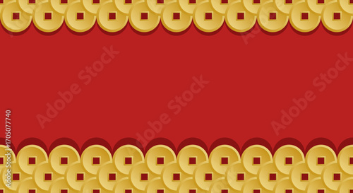 Empty red paper sheet horizontal banner with Chinese coins laid out in neat, even rows. Chinese coins folded into border lines at top and bottom. Vector banner for advertising of Asian holiday