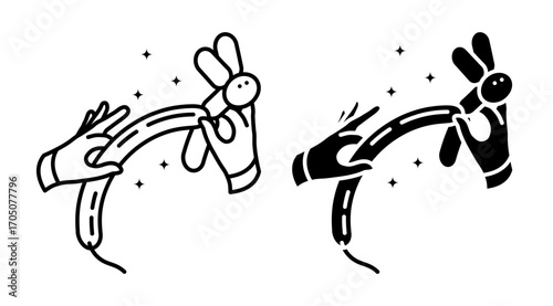 Line icon. Magician hands twist a long balloon into a toy in the shape of a hare. Simple black and white vector isolated on white background