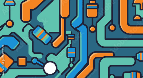 Abstract Flat Design Electronic Circuit Board with Colorful Components and Traces