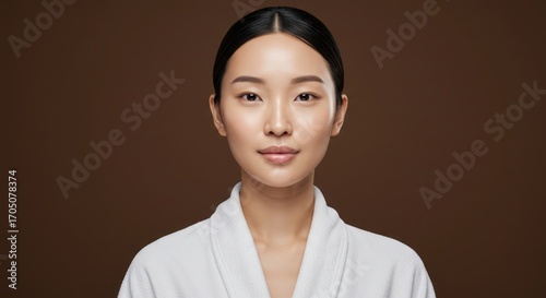 Asian woman with dark hair and fair skin wearing a white robe.