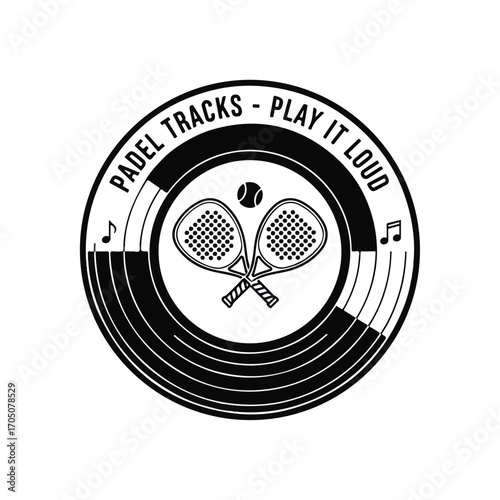 A circular logo featuring two crossed padel rackets and a ball, set against a vinyl record design with musical notes.