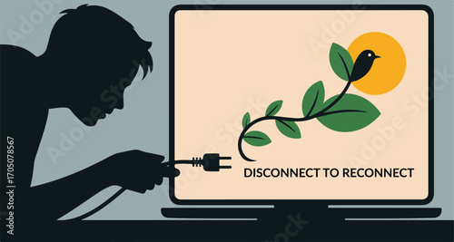 Digital Detox Concept – Person Unplugging from Laptop with Disconnect to Reconnect Message and Nature Imagery.