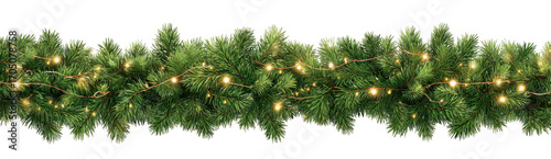 Beautiful garland made of fir tree branches adorned with glowing lights, perfect for festive decorations and creating warm atmosphere during holiday season