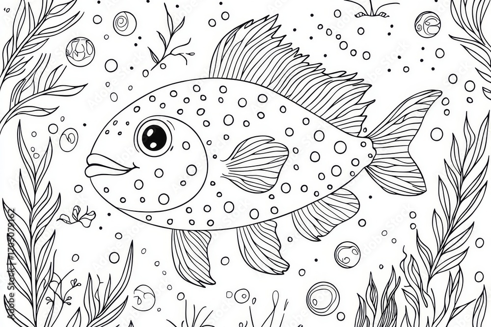 Fototapeta premium Cute cartoon puffer fish coloring page for kids with sea plants and bubbles in simple black and white thick line illustration