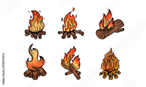Set of Campfire Logo designs with hand drawn style, sport camping, campfire, emblem camping, hobby. Vintage camping sign with a fire
