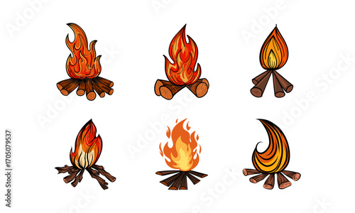 Set of Campfire Logo designs with hand drawn style, sport camping, campfire, emblem camping, hobby. Vintage camping sign with a fire