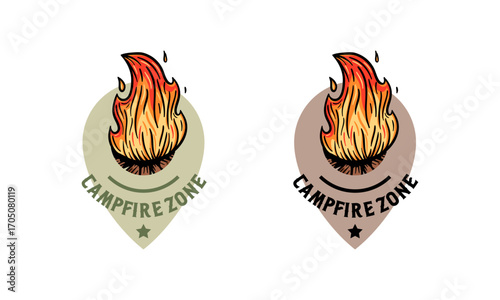 Campfire Logo designs with hand drawn style, sport camping, campfire, emblem camping, hobby. Vintage camping sign with a fire
