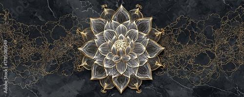 Geometric letter calligraphy forming lotus pattern over midnight texture