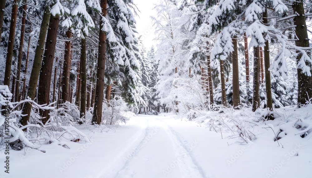 Naklejka premium Snow-covered forest path framed by tall trees. A cold, peaceful scene. White snow blankets the branches and ground