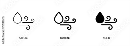 Water drop and wind icon for humidification, cooling, weather, fan. Vector stroke, outline and solid icon. Eps10 file.