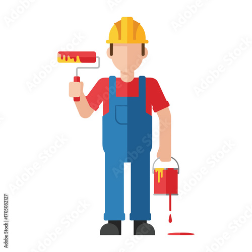 Simplistic flat design vector illustration of a construction worker or house painter, equipped with a paint roller and a can of dripping paint