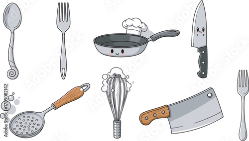 Cartoon kitchen tools, smiling utensils, cooking vector, anthropomorphic design, chef hat, friendly cookware, food prep, cute illustration, kitchen decor, playful concept