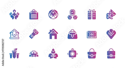 Vector illustration of colorful gradient icons for business, home, and travel