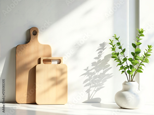 Minimalist kitchen setup with wooden cutting boards and a vase of greenery bathed in natural light, evokes a sense of calm and tranquility.