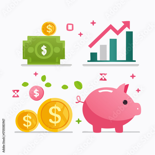 Illustrative representation of financial planning, investment, and wealth building, featuring a piggy bank, dollar bills, gold coins, and an upward trending growth chart