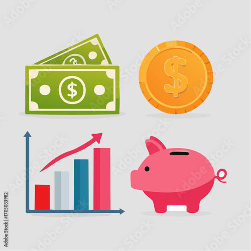 Financial Growth Piggy Bank, Money, and Chart Illustration for Savings and Investment