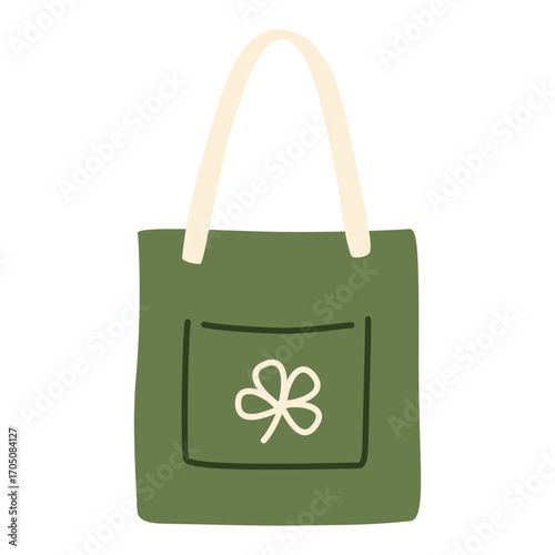 Green eco tote bag, reusable grocery package, fabric shopping bag with beige stitching and green handle, blank canvas tote for design, sustainable fashion accessory. Vector illustration in flat style.