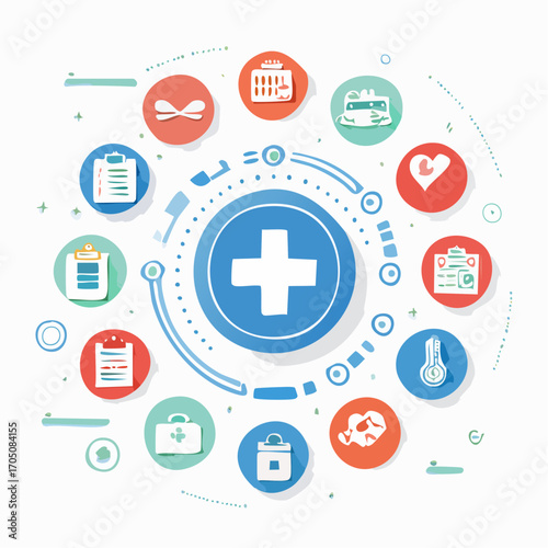 Innovative healthcare technology concept featuring a network of medical icons for digital diagnostics, treatment, and online patient care