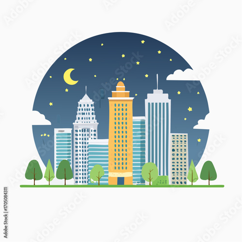 Nighttime cityscape scene with modern skyscrapers and office buildings under a starry sky, representing urban architecture and downtown living