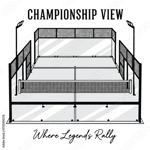 A black and white illustration of a championship padel court with lights and the tagline 'Where Legends Rally'.