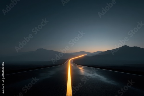 Illuminated Road Through Mountainous Landscape at Dusk Serene Journey Ahead