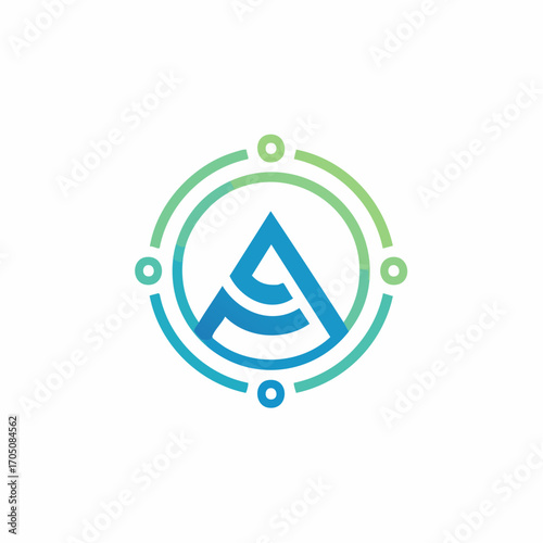 Stylized letter A monogram inside a futuristic circular network symbol, an innovative logotype concept for technology and navigation