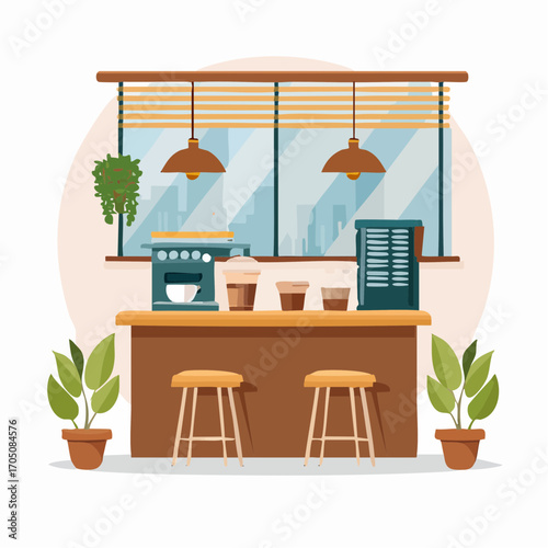 Cozy coffee shop interior with a modern bar counter, stools, and a large window with a city view. Vector illustration of a cafe for a relaxing morning break