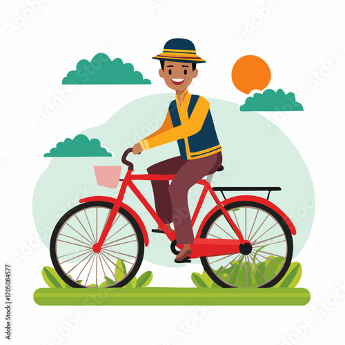 Illustration of a happy young man in a hat enjoying a leisurely bike ride through a park on a sunny day