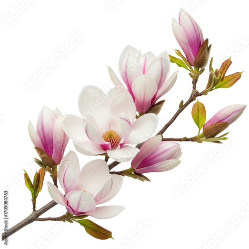 Beautiful magnolia flower branch isolated on transparent background in full bloom