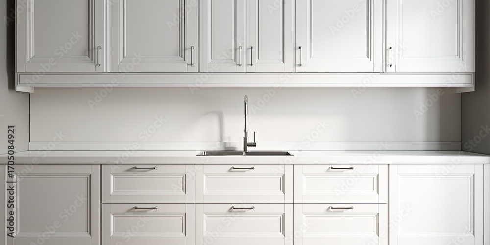 Fototapeta premium Minimalist white kitchen featuring sleek cabinetry, a built-in sink, and metallic hardware