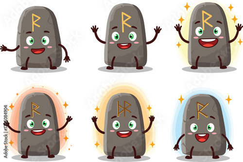 Cartoon rune stone characters with magical symbols, cute fantasy rock mascots, green eyes, playful poses, glowing backgrounds, whimsical vector illustration for games and stories