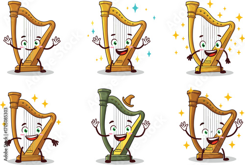 Cartoon harps characters, cute musical instruments with faces, vector illustration, whimsical fantasy music concept, children’s story design, colorful animated style, playful decorative art