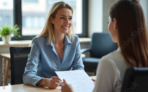 Middle aged professional business woman executive hr manager having job interview or business discussion with female applicant holding cv sitting at workplace in corporate office meeting.