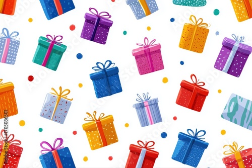 Colorful gift boxes pattern with ribbons and polka dots on white background
