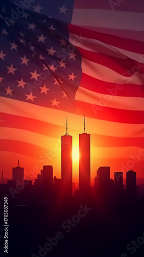 An evocative image blends the iconic American flag with the silhouette of twin towers against a striking sunset, a poignant tribute to a day of remembrance. 