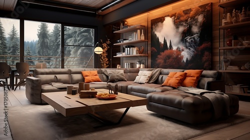 Serene living space bathed in natural light with forest views and inviting furniture arrangement