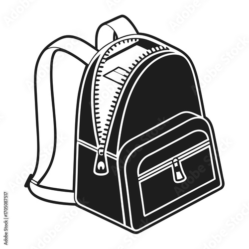 A simple black and white illustration of an open backpack with its main compartment and front pocket zippers visible ready for use