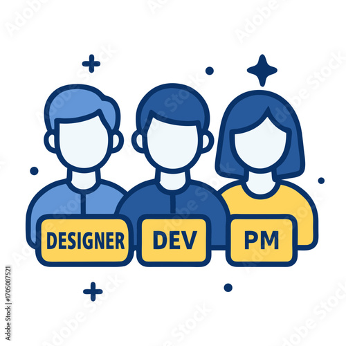 Professional teamwork icon featuring a diverse group of people. This flat vector graphic illustrates key roles in a development team working together efficiently for project success and synergy