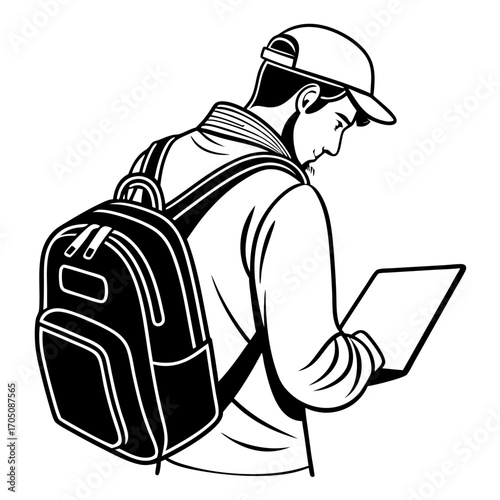 Young man wearing a baseball cap and backpack looks down at a tablet computer in his hands black and white illustration
